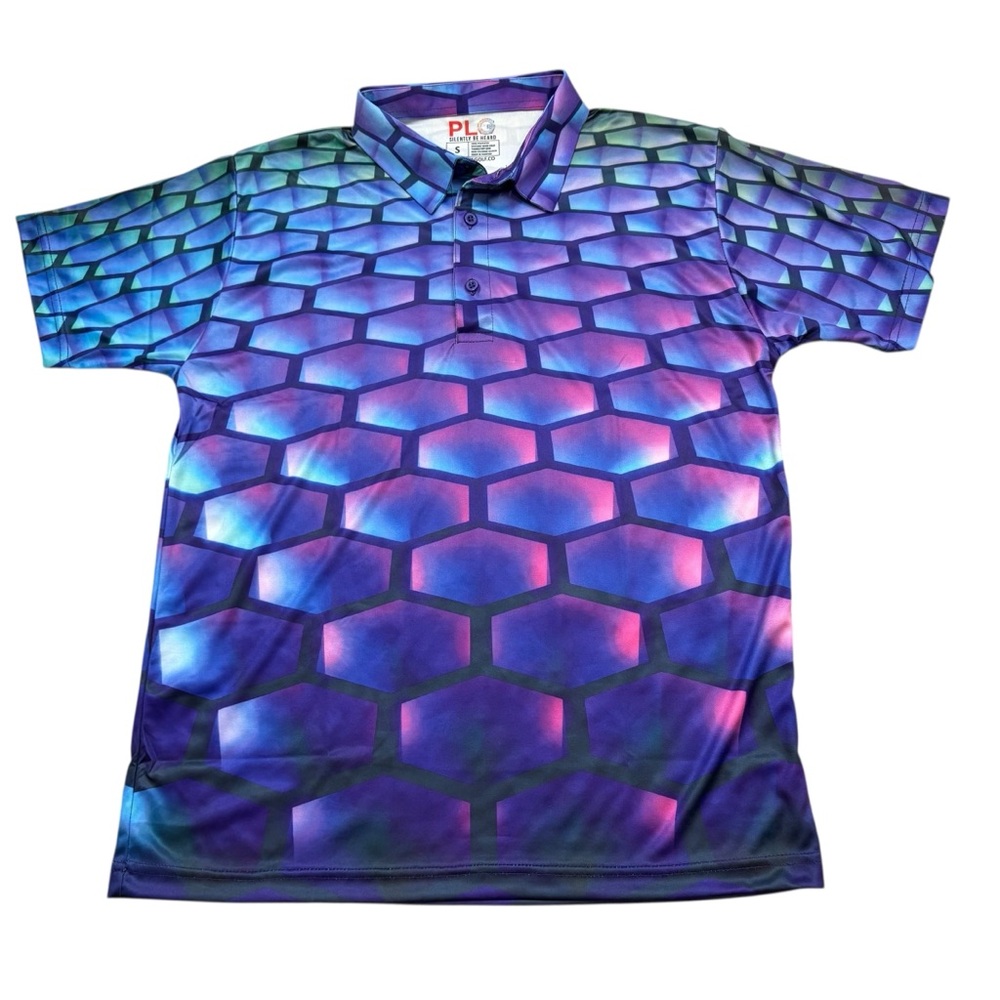 Ladies Play Loud Golf (PLG) Multicolor Hexagon Pattern Polo‎ Golf Shirt Large